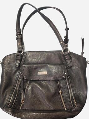Jessica Simpson Black Leather Shoulder Tote with Front Zip Pockets